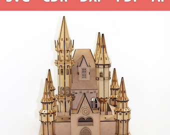 May include: A wooden model of a castle with multiple towers and a detailed facade. The castle is made of laser-cut wood and is ready to be assembled.