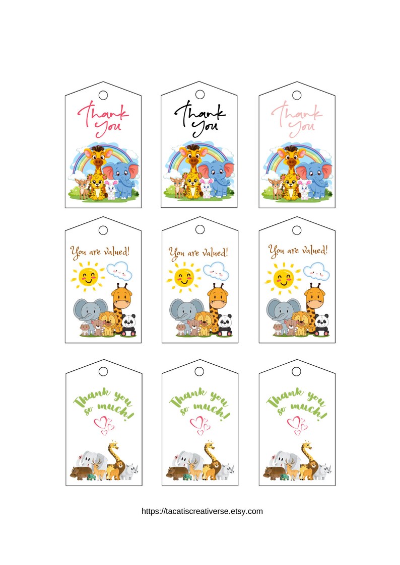 DIY Animal Theme Printable Thank You Gift Tags Etsy