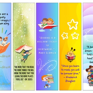 May include: Set of five colorful bookmarks featuring illustrations of children reading books and inspirational quotes about reading. The quotes include: "Books are a uniquely portable magic." - Stephen King, "The more that you read the more things you will know. The more that you learn the more places you'll go!" - Dr. Seuss, "Reading is a discount ticket to everywhere." - Mary Schmich, "Once you learn to read, you will be forever free." - Frederick Douglass, and "A book is a dream that you hold in your hand." - Neil Gaiman.