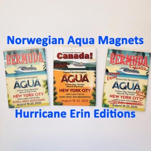 Norwegische Aqua Souvenir | Wirbelsturm Erin |  Besonders angefertigt mit den DATEN IHRER KREUZFAHRT | Vintage Reise-Stil | 6,5x9cm | Sonderedition