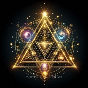 Könnte beinhalten: Ein goldenes geometrisches Design mit einem Dreieck in der Mitte, umgeben von Kreisen und Linien. Das Design befindet sich auf einem schwarzen Hintergrund und hat einen leuchtenden Effekt.