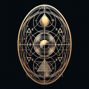 Könnte beinhalten: Ein goldenes geometrisches Design mit einem Kreis in der Mitte und einem Dreieck unten. Das Design ist von einem Kreis und einer Reihe von Linien umgeben.