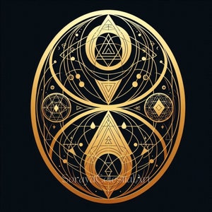 Könnte beinhalten: Ein goldenes geometrisches Design mit einem runden Rahmen und komplizierten Mustern. Das Design zeigt sich überlappende Dreiecke, Kreise und Linien, die ein komplexes und symmetrisches Muster erzeugen.