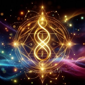 Op de afbeelding: Een gouden oneindigheidssymbool omringd door geometrische vormen en glinsterende sterren tegen een donkerblauwe en paarse achtergrond. De tekst "SorayaCelestialArt" staat onderaan de afbeelding.