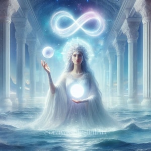 May include: A woman in a white gown stands in a pool of water, holding a glowing orb in her hands. She is surrounded by pillars and a glowing infinity symbol above her head.