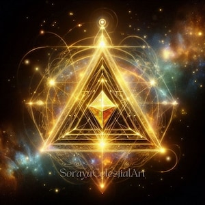 May include: A golden geometric design featuring a central diamond shape, surrounded by an intricate network of lines and circles. The design is set against a dark background with a faint galaxy of stars.