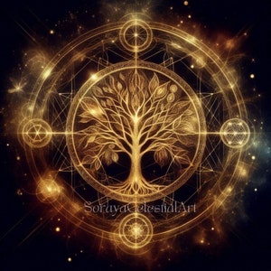 May include: A golden tree of life surrounded by geometric shapes and glowing stars on a black background. The image has the text "SorayaCelestialArt" at the bottom.