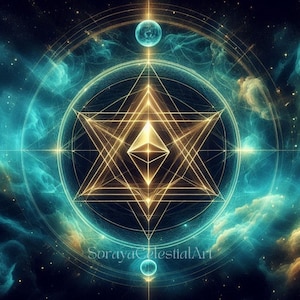 Peut inclure: Une étoile géométrique dorée avec un petit diamant au centre, entourée d'un cercle et d'une nébuleuse bleue. Le texte "Soraya Celestial Art" est visible en bas de l'image.