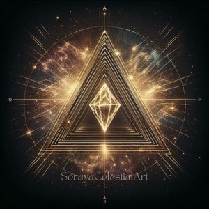 Könnte beinhalten: Digitaler Kunstdruck mit einem goldenen geometrischen Design. Ein Dreieck und eine Diamantenform befinden sich in der Mitte, umgeben von einem Sternenhimmel. Der Text "SorayaCelestialArt" ist sichtbar.
