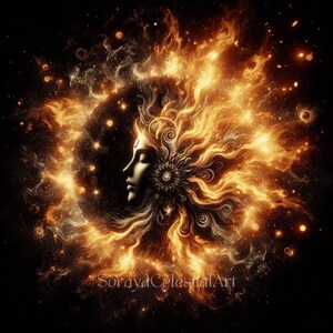 Peut inclure: Une impression d'art numérique représentant le visage d'une femme aux yeux fermés, entouré de flammes tourbillonnantes et d'étincelles dorées. L'image est sur un fond noir et porte le texte "SorayaCelestialArt" en bas.
