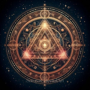 May include: A gold geometric design with a triangle in the center and a circle around it. The design is on a dark blue background with white stars.
