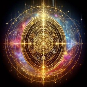 Könnte beinhalten: Digitales Kunstwerk mit einem goldenen, kunstvollen kreisförmigen Design mit komplizierten Mustern und Linien, vor einem Hintergrund aus kosmischen Farben. Das Kunstwerk hat ein himmlisches Thema, mit dem Text "Sokayat Celestial Art" unten.