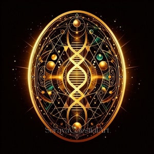 May include: A gold and black geometric design with a double helix in the centre. The design is surrounded by a circle and has a starry background.
