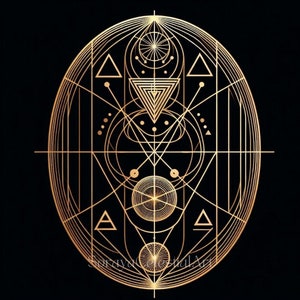 Könnte beinhalten: Ein goldenes geometrisches Design mit überlappenden Kreisen, Dreiecken und Linien auf schwarzem Hintergrund.