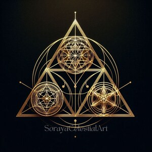 Pode incluir: Um desenho geométrico dourado com forma triangular e três círculos dentro. Os círculos contêm diferentes padrões geométricos. O desenho está sobre um fundo preto.
