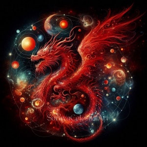 May include: A red dragon with intricate details is surrounded by a swirling galaxy of stars and planets. The dragon's wings are spread wide, and its tail curls around its body. The background is a deep black, with hints of blue and green.