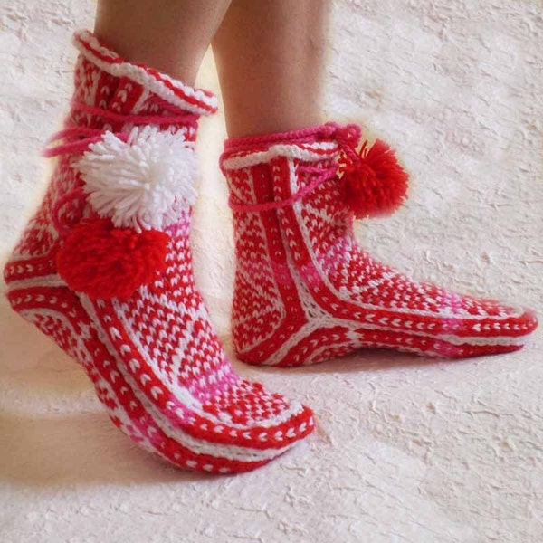 Red and White Pom-pom Woolen Slippers