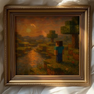 May include: A framed painting depicting a Minecraft scene with a pixelated character standing in a landscape. The artwork features a sunset with warm colors, a river, and blocky trees. The frame is gold-colored.