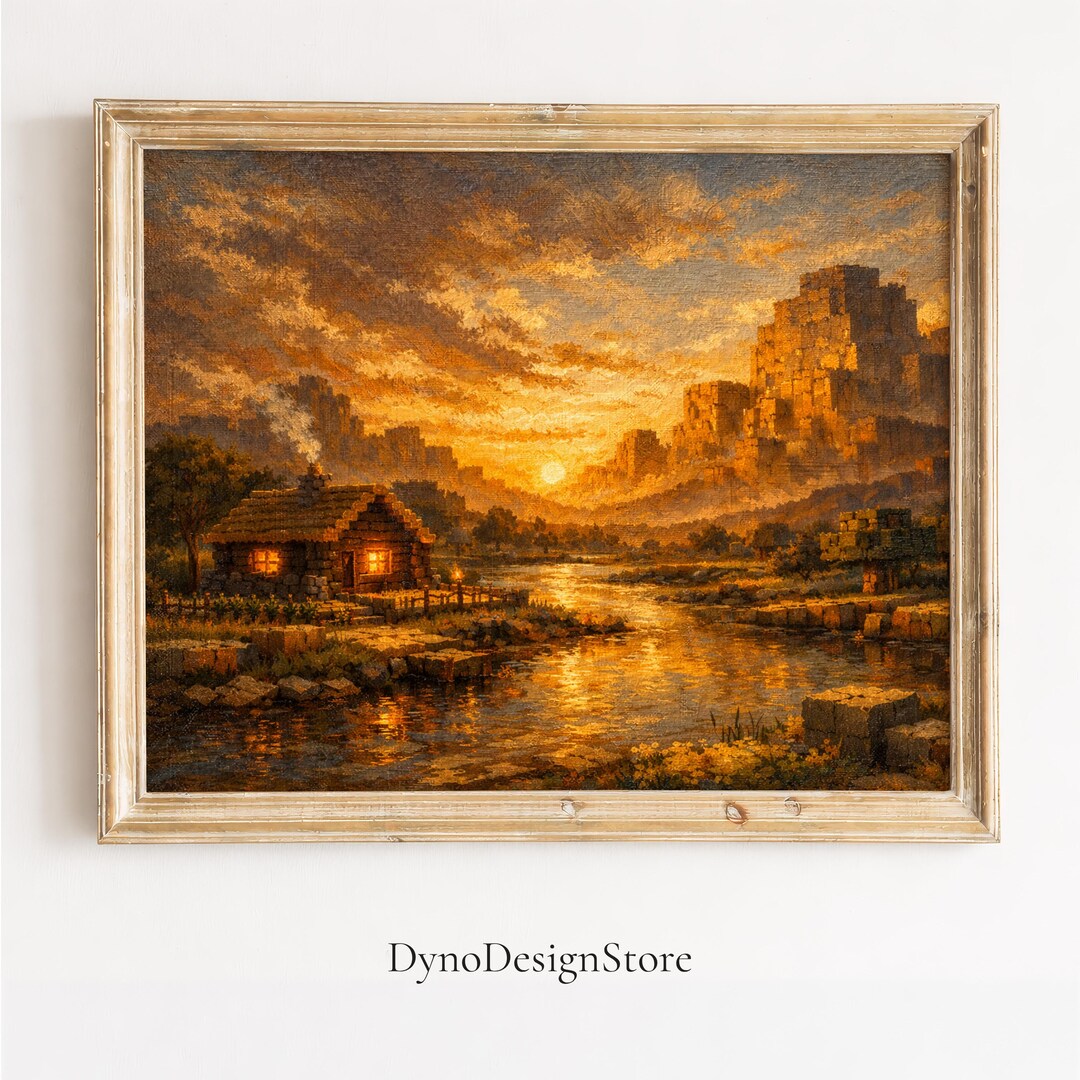 Minecraft Color Paint Minecraft Landscape Oil Painting Wall Art, Cozy Cabin Sunset Print ...