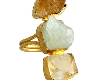 Anello in argento 925 con citrino grezzo e acquamarina con dettagli in vermeil dorato / Anelli in argento sterling con finitura opaca * Anelli da donna * Regali di compleanno *