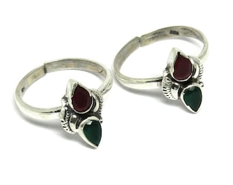 Green & Red Onyx Toe Ring: Handmade Sterling Silver Adjustable Boho Jewelry