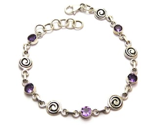 Amethyst Silver Bracelet, 925 Sterling Adjustable Boho Jewelry, Gift for Her, Handmade Gemstone February Birthstone Bracelet