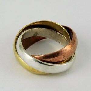 Trinity Tricolor Ring, Mixed Metal Ring, Hand-Braided Silver Copper Brass Band, Unique Statement Ring, Unisex Jewelry, Spinner Ring, Thumb