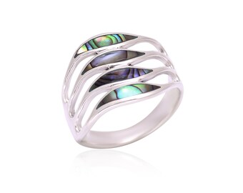 Mother of Pearl Ring, Abalone Shell Sterling Silver Ring, Ocean Jewelry Gift, Handmade Statement Ring, Boho Sea Shell Ring