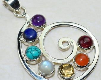 Chakra Pendant 925 Sterling Silver Handmade Jewelry - Natural Healing Gemstone Necklace, Spiritual Gift for Her, Seven Stone Jewelry