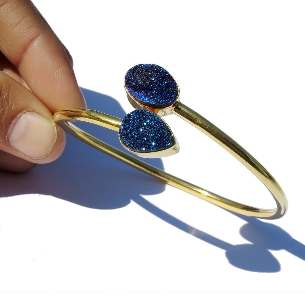 Blue Druzy Sterling Silver Bracelet - Gold Plated Bangle, Adjustable & Sparkly, Birthday or Valentine's Gift, Drusy Bracelet