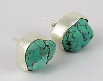 Raw Turquoise Stud Earrings: Handmade 925 Silver Gemstone Posts