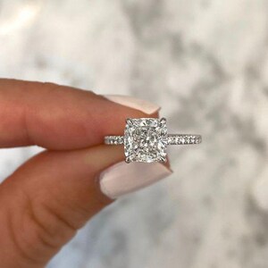 3.5 Ct Cushion Lab Diamond Ring in 14K Gold, Cushion Cut Solitaire Engagement Ring, Pave Wedding Band, Anniversary Gift Ring for Her