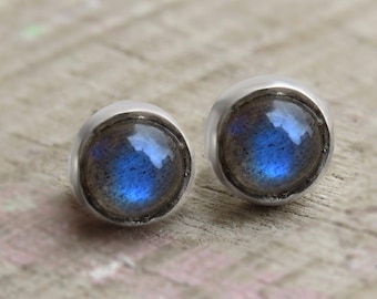 Labradorite Stud Earrings: 925 Sterling Silver Gemstone Minimalist Studs