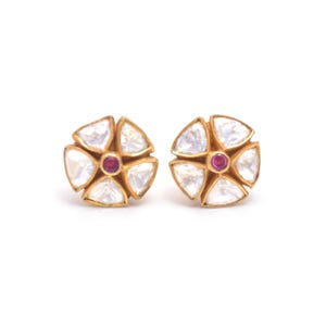 Gold Plated Sterling Silver Studs: Raw Diamond & Ruby CZ Earrings