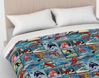 Duvet cover in Vintage Ski Racer Ski Art Men Skier 100% cotton made in Canada