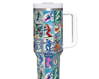 Tumbler Stainless Steel Insulated Warm and Cold women Skier in blue Large capacity 40 oz