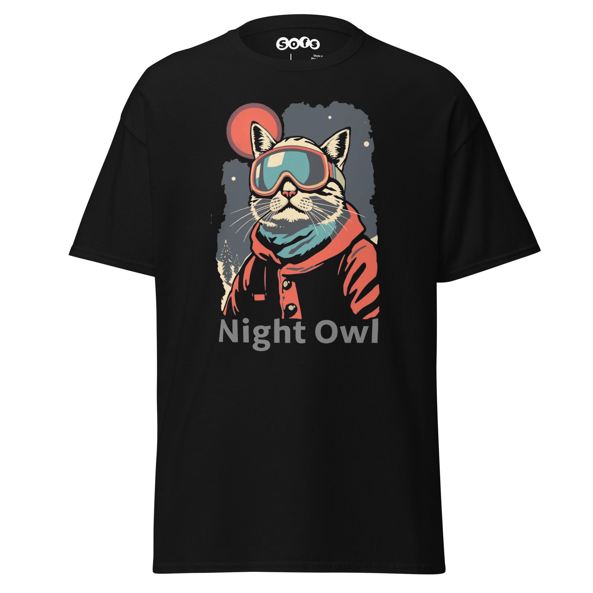 Unisex classic Tee TShirt  Night Owl Ski Cat tshirt 100% cotton