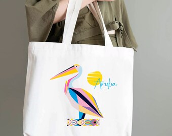 Tote Aruba Flamingo Aruba Pelican Love Bright Beautiful Colors Souvenir Quality Material Made in Canada