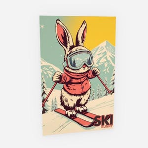 Jolie carte de voeux avec un lapin de ski Bunny Love, vierge à l'intérieur pour toutes les occasions, livrée avec une enveloppe