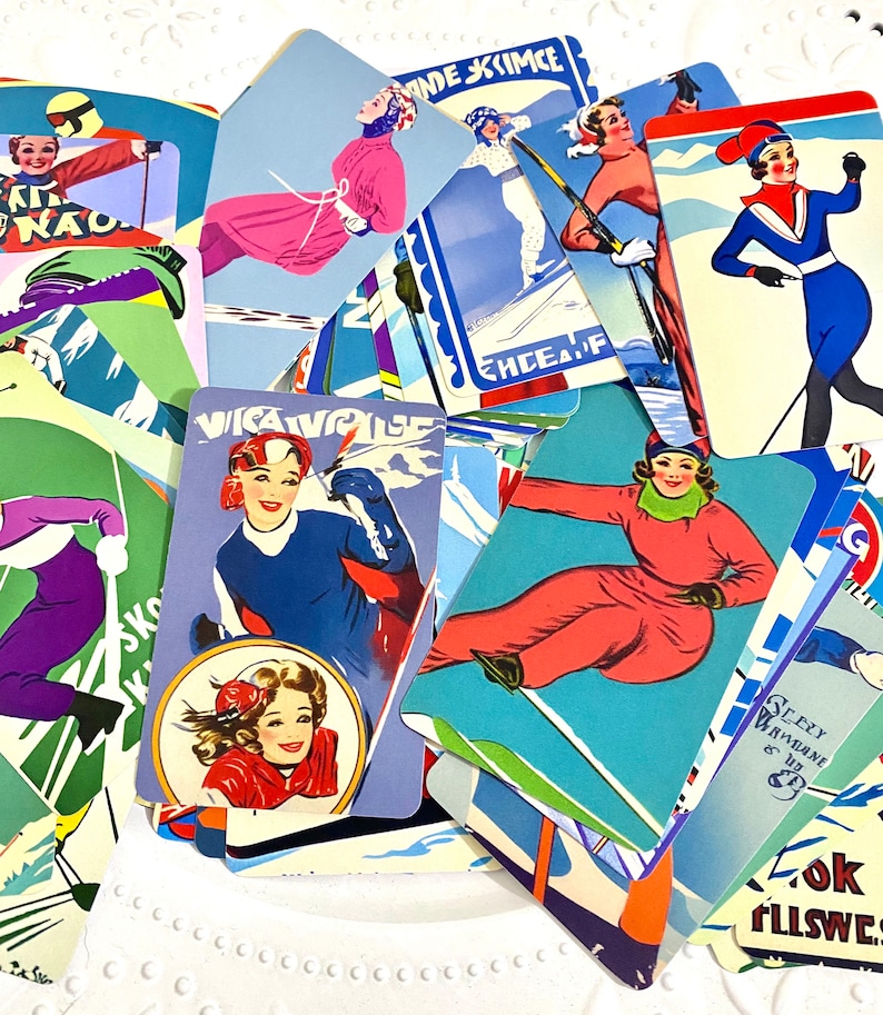 Coolest card deck in Vintage ski ladies all different images ski art custom art made deck of cards ski lover gift image 2