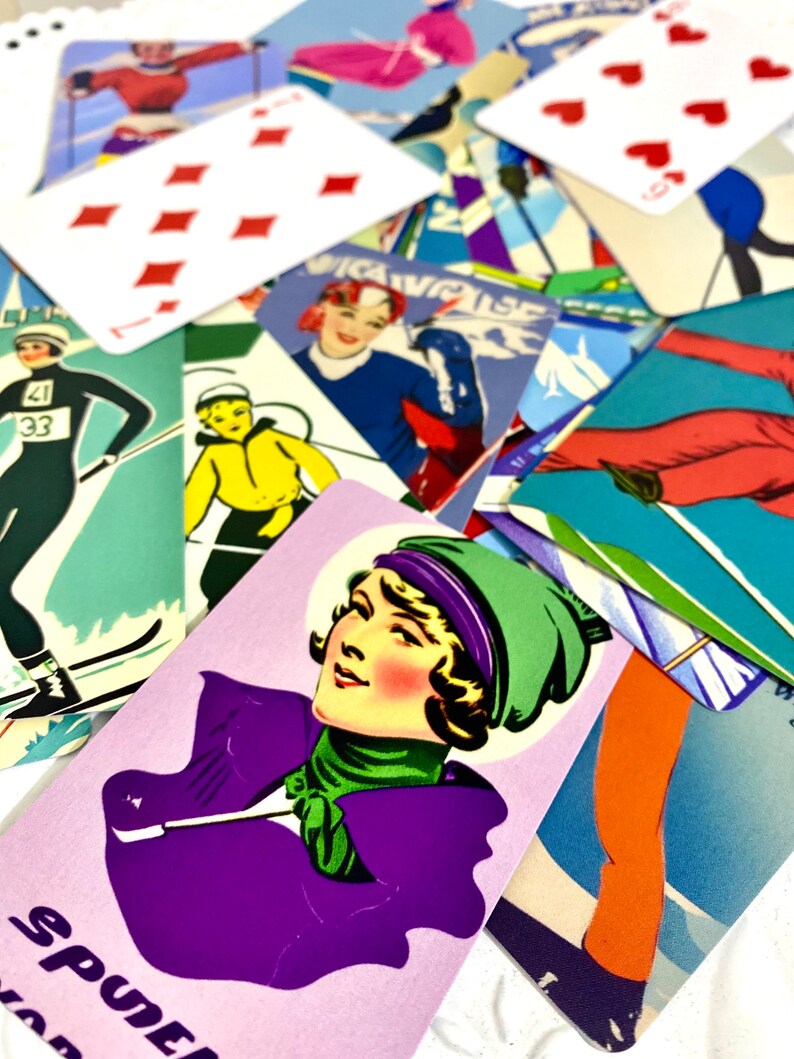 Coolest card deck in Vintage ski ladies all different images ski art custom art made deck of cards ski lover gift image 3