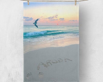 Tea towel wall decor Aruba One Happy Island Sand Beach Sunset Art Poster Souvenir Divi Beach Pelican Art