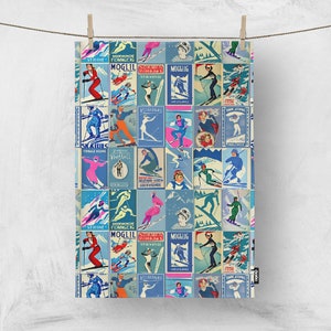 Tea Towels in Vintage women Skier Art in Ski blue, Made 100% cotton