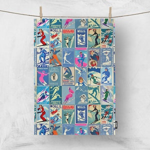 Tea Towels in Vintage women Skier Art in blue, Made in Linen Cotton in Canada