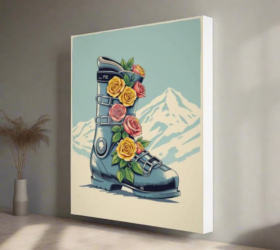 Poster Blue Ski Boot in Floral Roses ,made in Montreal Canada