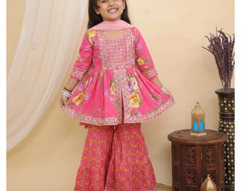 Pink Indian Cotton Sharara Kurta Set, Toddler Salwar Suit