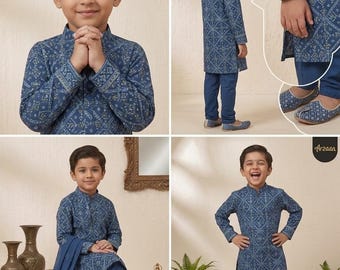 Blue boys Indian Cotton Sharara Kurta Set, Toddler Salwar Suit