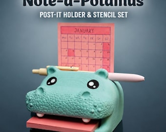 Note-a-Potamus Hippo Sticky Note Holder with Stencils, 3D Printed Desk Organizer | Store your notes in the hippo's mouth!