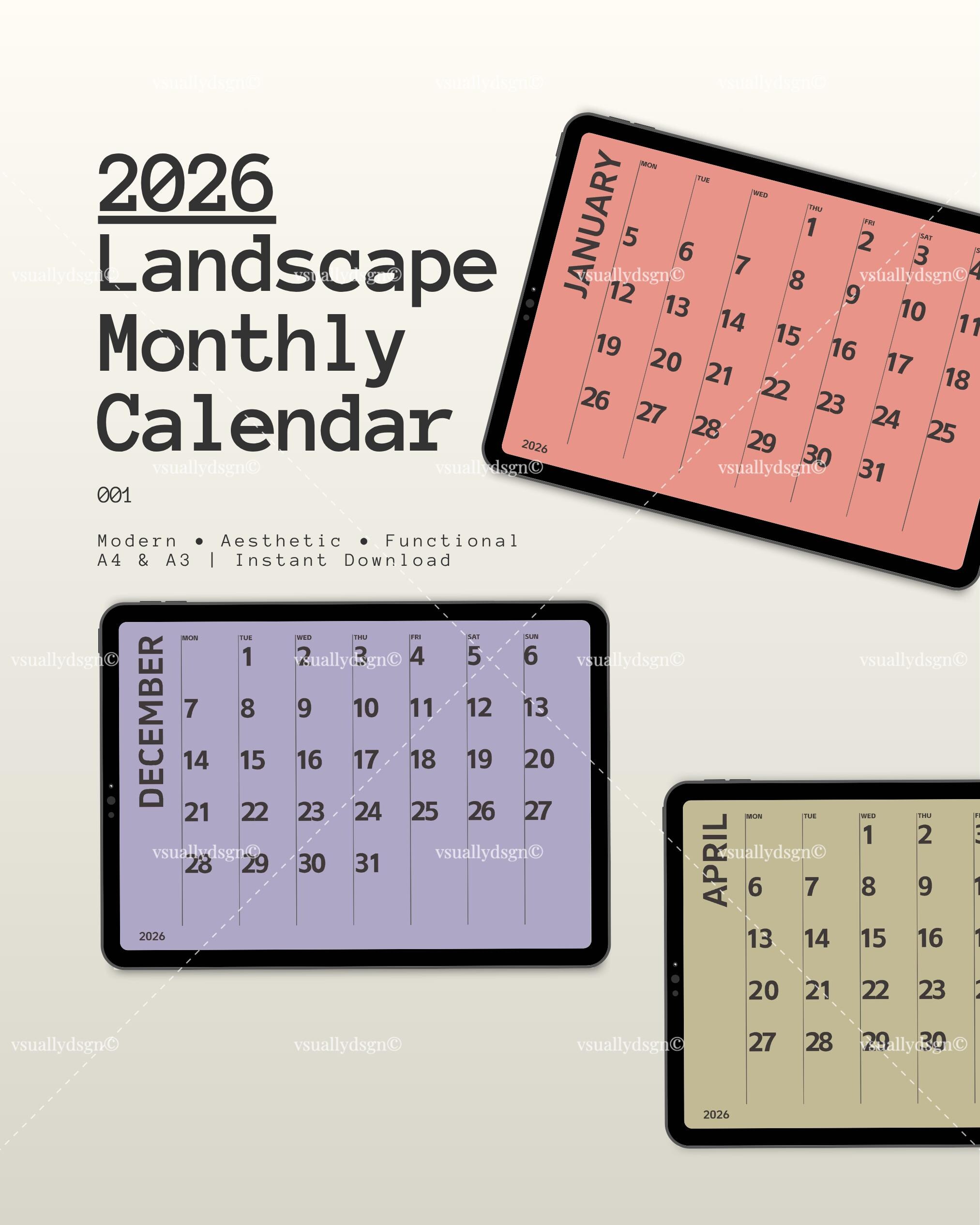 2026 Monthly Calendar Printable, Minimalist Landscape Planner (digital