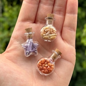 Pode incluir: Três pequenas garrafas de vidro com rolhas de cortiça. Uma garrafa em forma de estrela contém fósforos roxos. As outras duas garrafas redondas são preenchidas com pequenas conchas e conchas laranja, respectivamente. As garrafas são seguradas em uma mão.